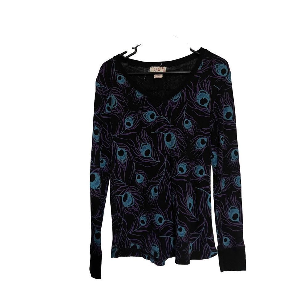 Ocean pacific OP long sleeve thermal size XL black with teal peacock feathers